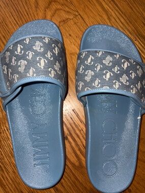 Jimmy Choo Light Blue Monogram Slide Sandals